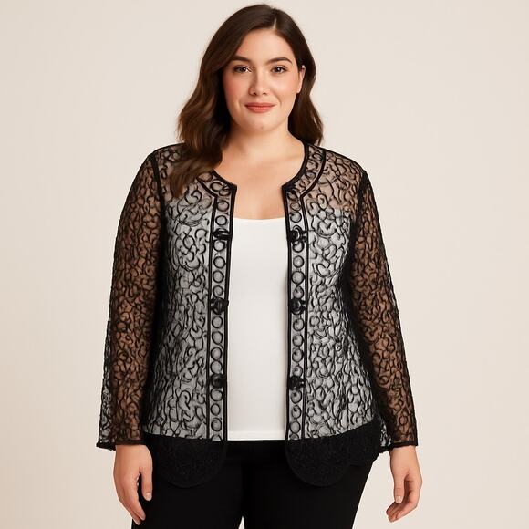 Princess Cruises Jackets & Blazers - Princess Cruises XL Crochet Lace Kimono Jacket Cover Up Black Embroidered Beaded